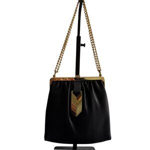 Vintage 50s/60s Black Satin Gold Chevron Formal Handbag